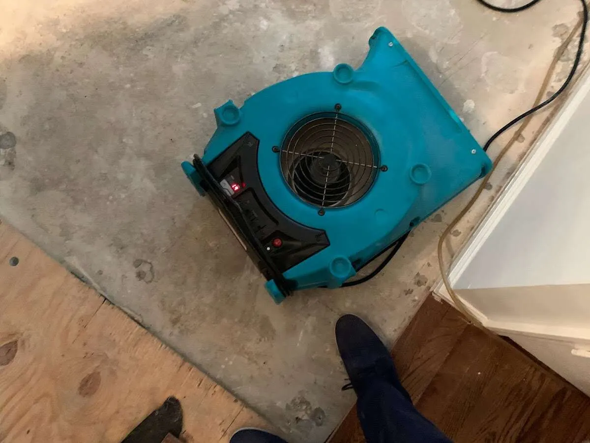Air mover drying subfloor during Leak Detection & Repair in Olmsted Falls